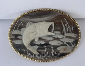 Incolay Stone Belt Buckle Jumping Fish Brown Signed Fisherman - Picture 1 of 3