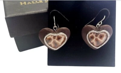 Giraffe Print Wooden Heart Dangle Drop Hook Earrings By Halle Joy Brown & Silver - Image 1 of 4