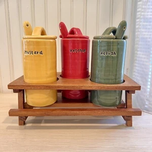 Ceramic Condiment Jars Sonoma Williams Lids Spoons Wood Picnic Table Holder 3 - Picture 1 of 11