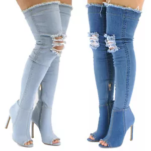 Stivali Jean Donna Donna Denim Punta Piede Tacco Stiletto Tacchi Ginocchio - Foto 1 di 13