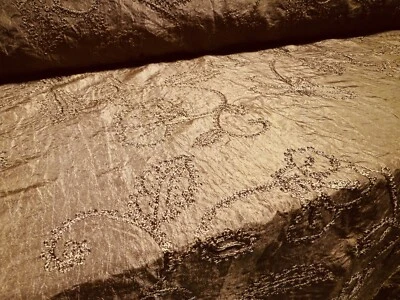 Taft Kunstseide Stoff, Meterware - Blumenstickerei - Milchschokobraun - Bild 1 von 3