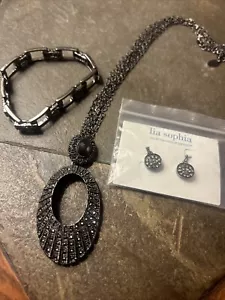 Lia Sophia Gray Metallic Hematite Necklace Earring Bracelet - Picture 1 of 4