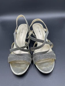 Bandolino Silver Metallic 7.5Strappy Open Toe Dance Disco Retro Heels Mini Tiles - Picture 1 of 5