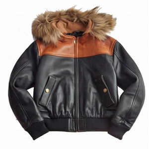 Herren schwarz braun Leder Bomberjacke mit Kunstfell Kapuze Winter warm Gr. XL - Bild 1 von 2