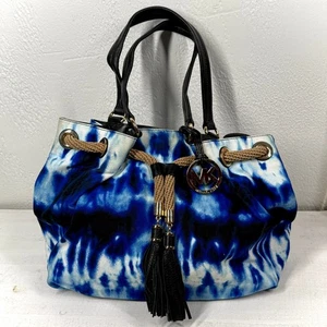 Michael Kors Marina Tie Dye Tote Blue Canvas Large Bag Tassel Gold Hardware - Picture 1 of 17