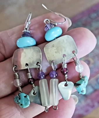 Pendientes artesanales Kingman turquesa, amatista, granate y cristal Bo Ho! Vintage Foto 1 de 3