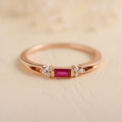 0.45 Ct Baguette Cut Natural Ruby & Diamond Engagement Ring 18K Rose Gold Size 6 - Image 1 of 4