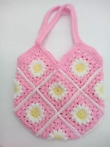 Handmade Crochet Granny Squares Shoulder tote Bag Purse Pink Daisy New - Picture 1 of 5