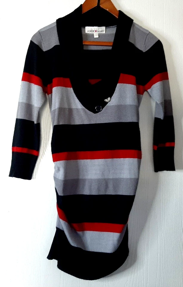 Derek Heart Maternity Medium Sweater Top Stripe Black Gray Red Ruched Sides - Image 1 of 4