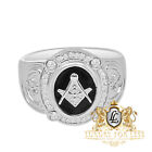 Onyx Black 14K White Gold On Real Silver Masonic Free Mason G Compass Ring Band for sale