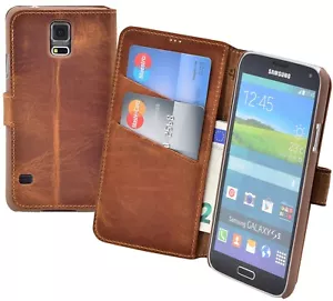 Funda De Cuero Para Samsung Galaxy S5 Neo Cartera Estuche En Antik Cognac - Imagen 1 de 8