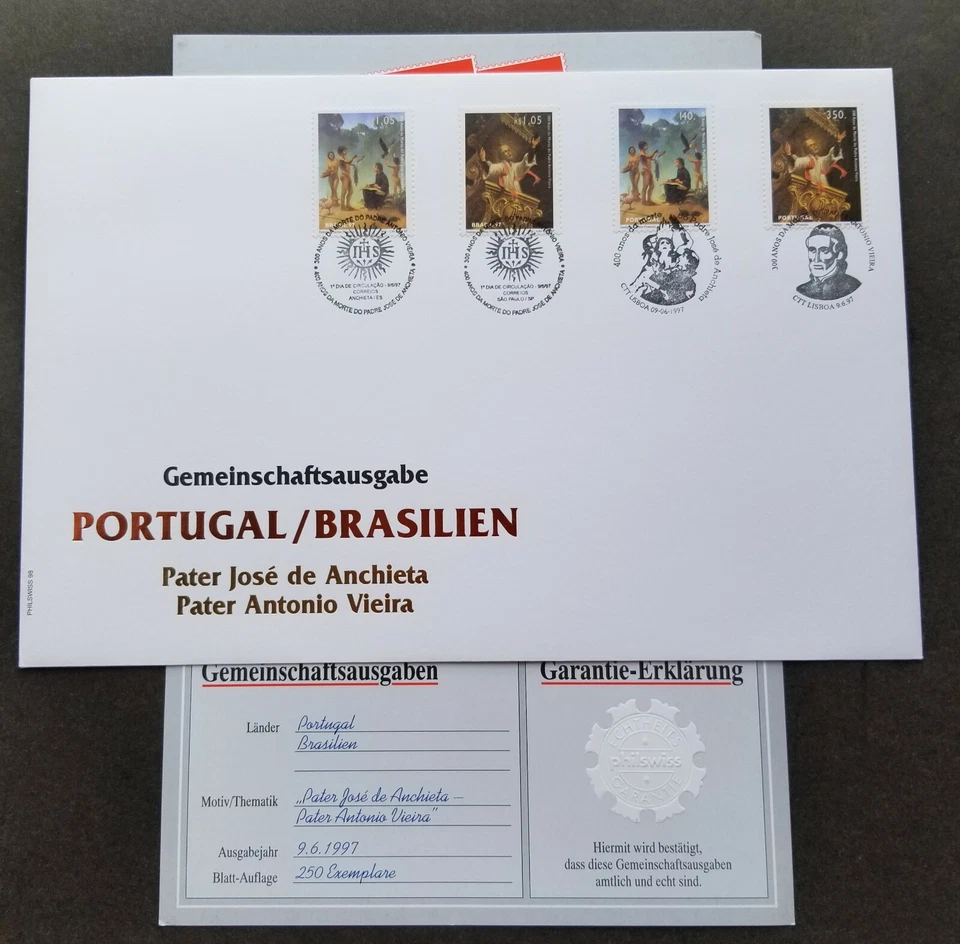 [SJ] Portugal Brazil Joint Issue 400th Anniv Father 1997 FDC *dual PMK *guaranty - Image 1 of 4