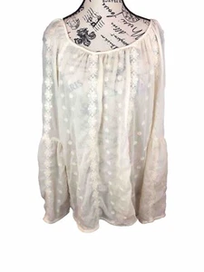Knox Rose XL Beige Whimsical Blouse Sheer Embroidered Bell Sleeves L/S - Picture 1 of 8