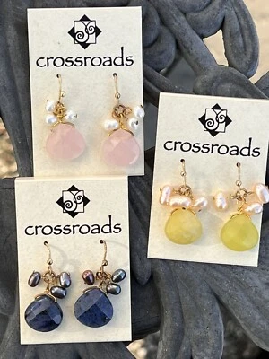 Old Stock New on cards Crossroads Genuine Pearl  Agate Drop Earrings Lot 3 Pairs - Image 1 of 4