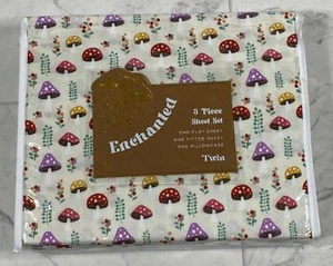 ENCHANTED Twin 3 piece Sheet Mushrooms Flowers Spring - Picture 1 of 4