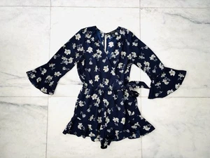 Womens Romper Blue Floral Bell Sleeve V Neck Size M Forever 21 Boho Festival - Picture 1 of 9