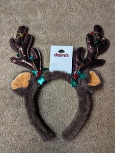 New Claire's Reindeer headband kids brown holly sparkly Christmas furry - Picture 1 of 5