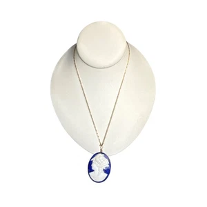 Vintage Blue Cameo Necklace Oval Pendant Classic Victorian Style Jewelry - Picture 1 of 10
