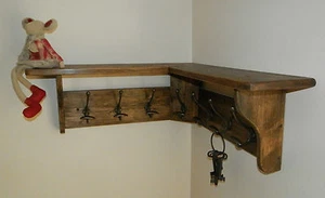 Solid Pine Wood CORNER Coat Rack with shelf Shabby Rustic Jacobean Rustic, hooks - Picture 1 of 4