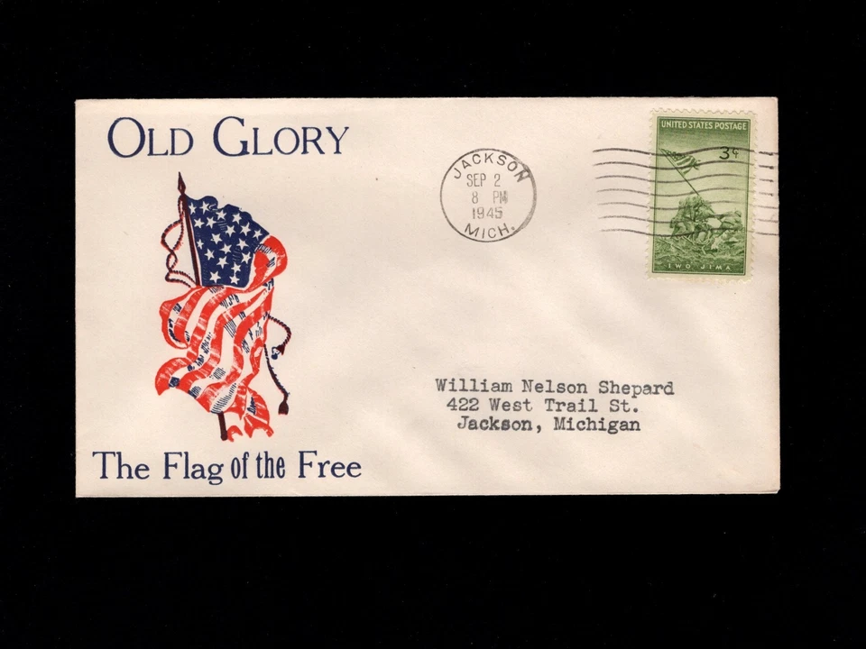 WWII Patriotic Old Glory Flag Free VJ DAY Jackson Michigan Sep 2 1945 Cover 5o - Image 1 of 1