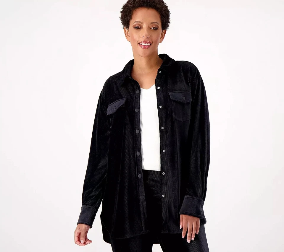 Isaac Mizrahi Live! Chaqueta Camisa Soho Terciopelo Acanalado Talla XS NEGRA A519187 Foto 1 de 1