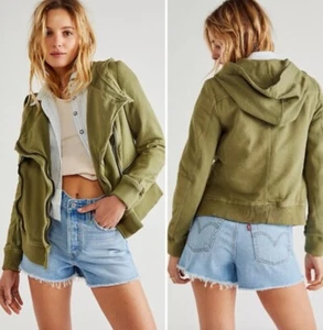 New Free People We The Free Carmen Moto Jacket Knit Hoodie Zip Green Size M - Picture 1 of 9
