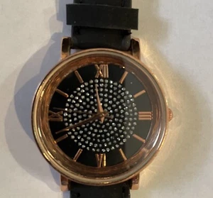 NEW Women's Crystal Accent Rose Gold Watch with Black Leather Strap - Picture 1 of 3
