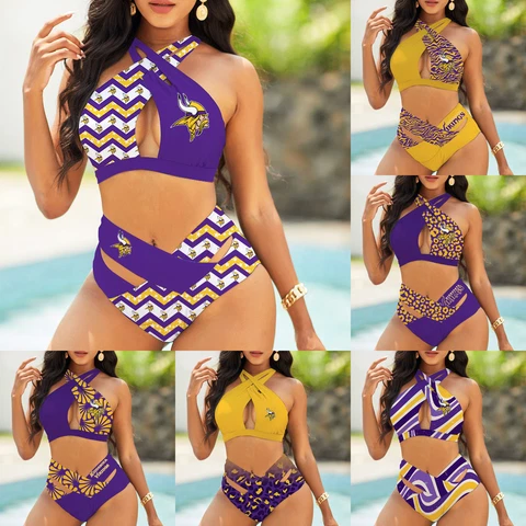 Minnesota Vikings Womens 2PCS Front Cross Bikini Set High Waist Bathing Suit Cover