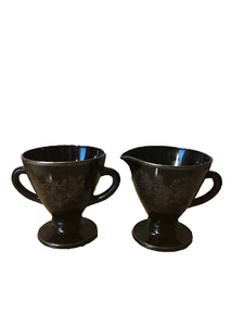 Vintage Hazel Atlas Black Glass Creamer & Sugar with Floral Sterling Decorations - Picture 1 of 12