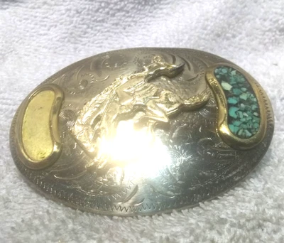 Hebilla de oro Bronco de plata alemana incrustada piedras turquesa un lado Foto 1 de 4