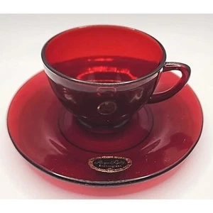 Vintage Royal Ruby Red Glass Cup and Saucer Anchor Hocking Christmas U230 - Picture 1 of 8