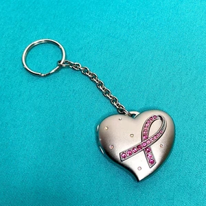 Cancer Awareness Heart Locket Key Ring Chain Pink Stone Ribbon Silver Tone - Picture 1 of 3