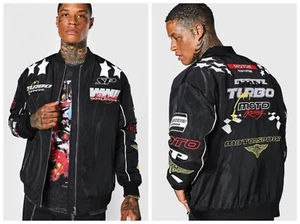 BOOHOO MAN Sz L Oversized Black Turbo Moto Bomber Jacket Embroidered Badges - Picture 1 of 21