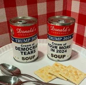 2 x SOUP CAN LABELS DONALD TRUMP 2024 President Republican XMAS STOCKING STUFFER - Picture 1 of 3