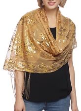 Women's Mesh Sequin Metallic Party Occasion Prom Wedding Shawl Scarf with Fringe