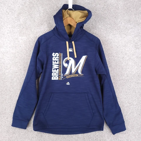 Majestic Milwaukee Brewers Hoodie Men Small Blue White Sweatshirt Thermabase Cover