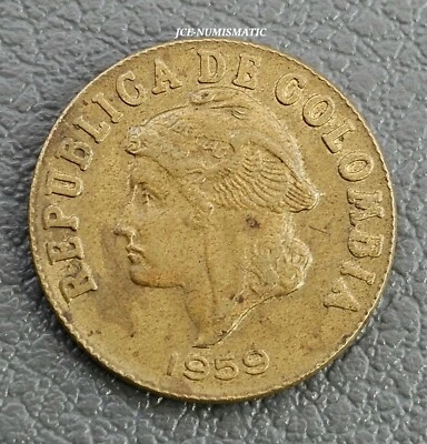 1959 - Moneda de 2 centavos Colombia, cabeza alada - tapa libertad, ramitas de olivo - KM# 211 Foto 1 de 4