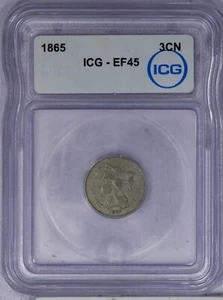 1865 Three Cent Nickel 3CN ICG EF45 XF45 - Picture 1 of 2