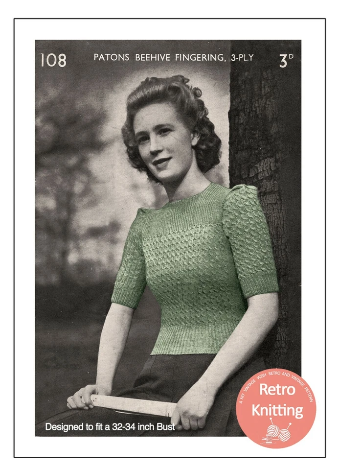 1940's Wartime Puff Sleeve Sweater Knitting Pattern Copy - Bust 32-34 - Image 1 of 1
