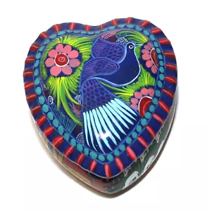Talavera Pottery Trinket Box Heart Shape Hand Painted Bird - Picture 1 of 7