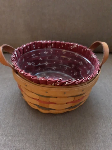 Longaberger 1999 Button Basket Red Blue Made USA Adorable Liner/Protector SIGNED Cover
