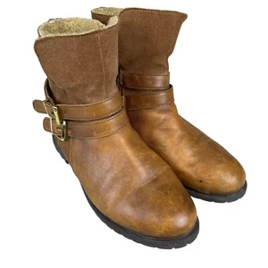 Diba Suede Leather Ankle Boots Womens 9M Brown Faux Fur Zip Buckle Strap Booties - Picture 1 of 11