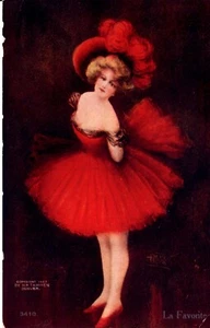 c.1907 Artist PC “La Favorite” DANCER in Red Tulle Skirt & Red Feather Hat; NM - Picture 1 of 2