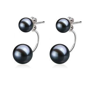 Double Akoya Pearl Earring Studs Japanese Black Pearl Drop Earrings AAAA Quality