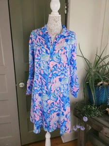 Vestido Camisa Lilly Pulitzer Natalie Playa Cubrir Azul Tang Sentado Junto al Mar XL - Imagen 1 de 16