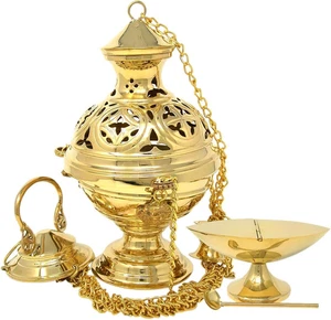 Censiere chiesa sospeso in ottone lucido Thurible con barca e cucchiaio abbinati - Foto 1 di 7