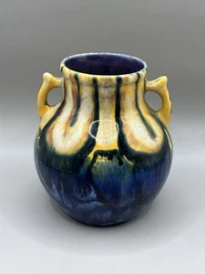 "Florero de cerámica checo azul verde amarillo esmalte púrpura interior 4,5"" 2 asas" - Imagen 1 de 10