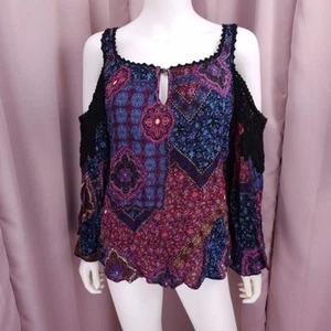 Bila Women's Floral Cold Shoulder Crochet Square Neck Blouse Top Medium - Picture 1 of 8