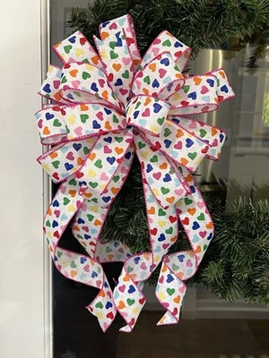 Handmade Large Rainbow Hearts Valentines Day Love Bow for Wreath 10 x 20 - Image 1 of 4