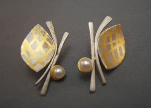 Sterling Silber handgemachte Mod Ohrringe mit natürlicher Perle signiert Kingston? - Bild 1 von 3